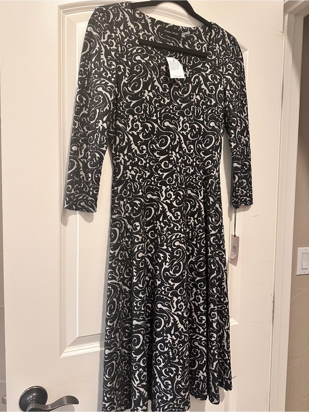 Ivanka Trump Black and White Long Sleeve Printed Fit-and-Flare Dress